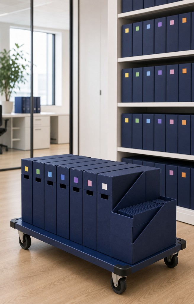 Office trolley loaded with archive folders during an archive relocation